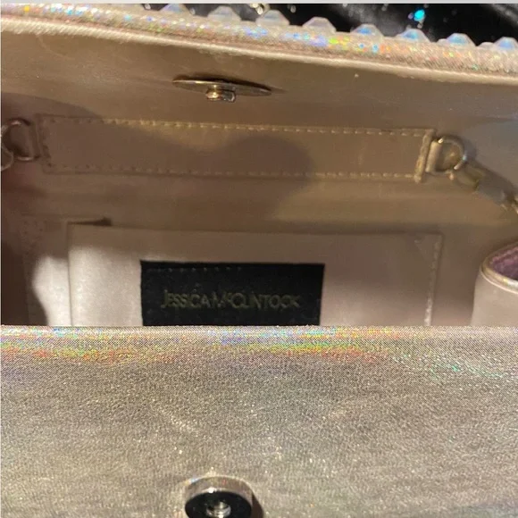 Iridescent silver metallic, rhinestoned clutch bag w/chain - Jessica McClintock - Picture 3 of 4